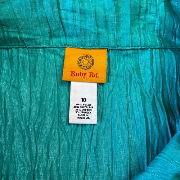 Ruby Rd. Womens Shiny Teal Rayon Blend Roll Tab Sleeve Zip-Up Jacket Sz 18 - Picture 2 of 5